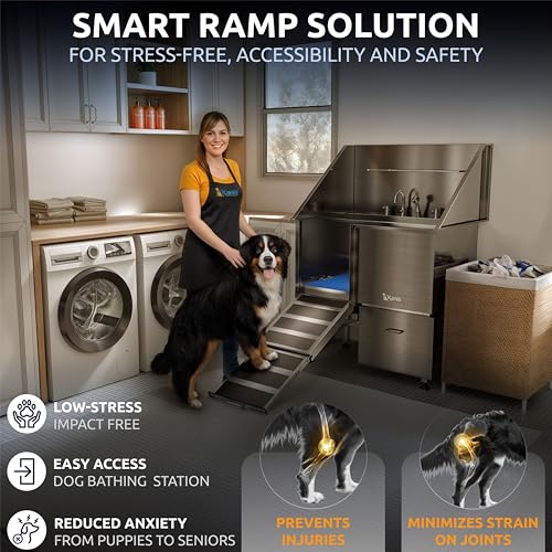 Image of KANIS Professional Dog Washing Station 304 Stainless Steel Pet Wash Sink & Grooming Bathtub w /Shower, Floor Grates and Storage for Large, Medium & Small Pets (Silver, 40 Inches, Left Ramp, 1 Drawer)
