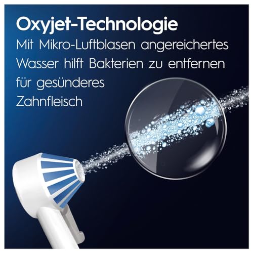 Oral-B Oral Health Center Munddusche, 2 Ersatzdüsen, Zahnzwischenraumreiniger für sanfte Zahnreinigung & gesünderes Zahnfleisch, mit Oxyjet-Technologie, 5 Druckstufen für Zahnpflege, weiß/blau – Bild 6