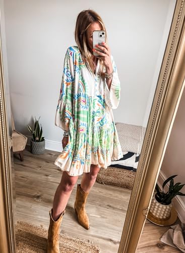 Image of miduo Womens Summer Dress Casual V Neck Buttoned 3 /4 Sleeve Bohemian Tribal Print Flowy Mini Dresses
