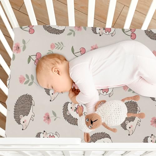 Image of Hedgehog Flowers Cherry Beige Fitted Crib Sheet for Boys Girls Baby Toddler Bed Sheets for Toddler Mattresses,52 X 28 in