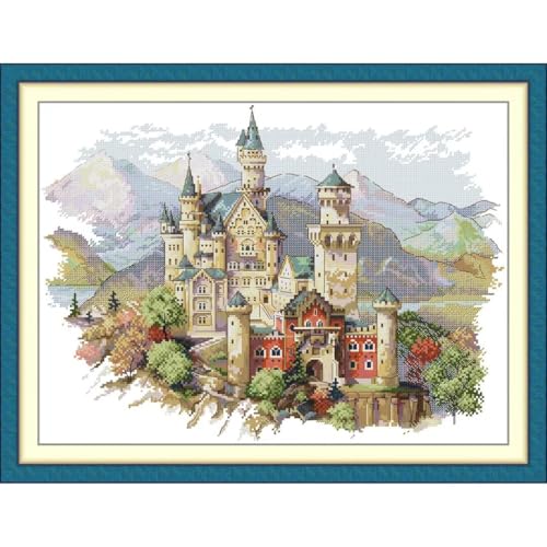 Image of CROSSDECOR Stamped Cross Stitch Kits Full Range of DIY Needlepoint for Adult Beginners Pattern, for Gift and Home Decor 14CT 2 Strands Castles,19.69x14.96 inch