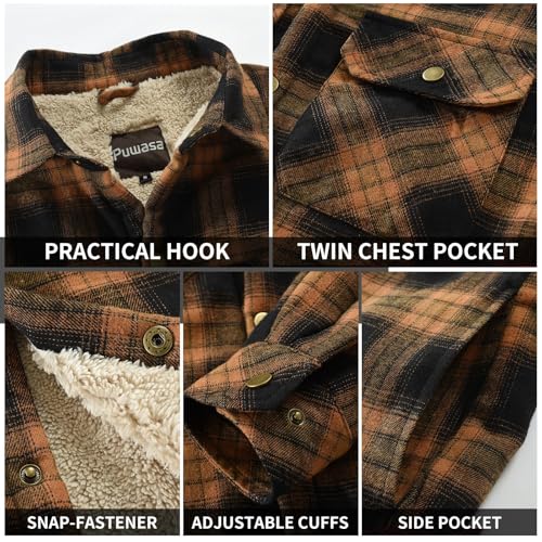 Image of Men's Sherpa Cotton Flannel Shirt Jacket Plaid Button Coat Pocket