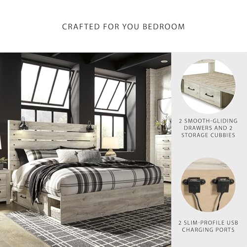 Image of Signature Design by Ashley Cambeck King Platform Bed with Storage Drawers, LED Sconce Lights and USB Ports, Engineered Wood and Decorative Laminate for Master Bedroom Organization, Whitewash, King