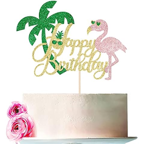 Bejotaa Glitter Flamingo Cake Topper- Happy Birthday Cake Topper,Tropical Hawaiian Luau Themed Party Supplies (gold) Cover