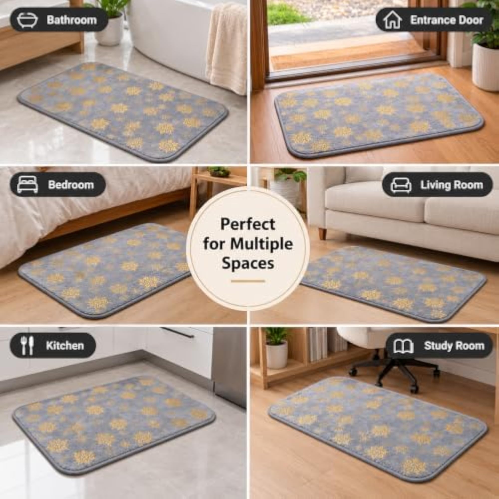Golden Flower Memory Foam Bath Mat, 40x60cm, Grey