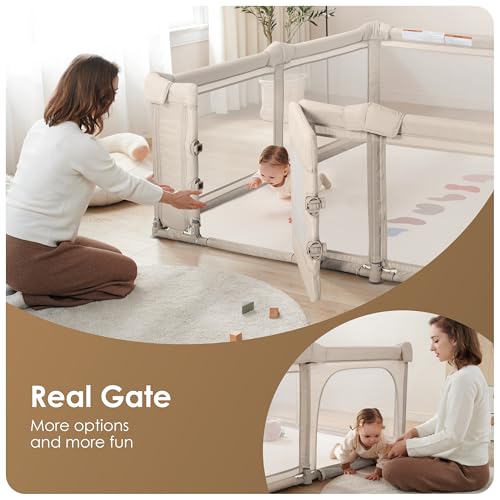 Image of Sweeby Foldable Baby Playpen, 79x71 Inch Baby Gate Playpens for Babies and Toddlers Extra Large Play Yard with Door Child Fence and Indoor Play Pen, Beige
