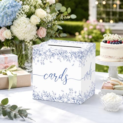 Image of Blue Floral Wedding Card Box with Slot for Baby Shower and Birthday | Roomy 8.7 Inch Cube Holds Cards and Envelopes While Keeping Gift Tables Neat at Weddings, Baby Showers and Birthday Parties