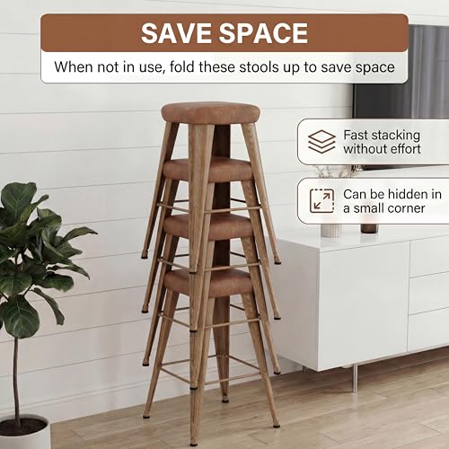 Image of Yongchuang Upholstered Bar Stools Set of 2, 24 inch Counter Stools with Walnut Wood Grain Metal Legs PU Leather Modern Backless Kitchen Island Barstools