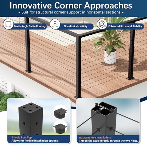 Image of 42 inch T-Drilled Corner Cable Railing Post, Three-Side Holes Stainless Steel T304 Corner Rail Post, Upgraded Black One-Post Corner Solution, Wire Metal Post for Indoor Outdoor Corner Railing