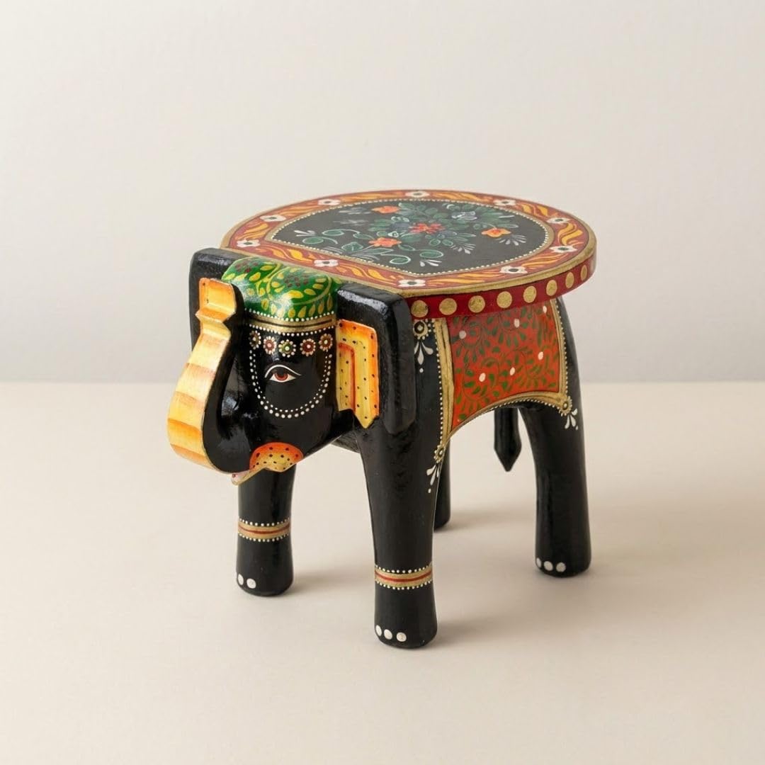 Colorful Handpainted Wooden Elephant Stool for Home & Living Room | Handmade Traditional Indian Decor | Mango Wood Plant Stand | Corner Decorative Figurine | 8x8x10 inch, Black