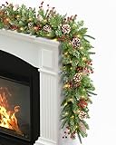9 ft Prelit Christmas Garlands with 100 Lights Battery Operated Timer 8 Modes, Faux Garland Christmas Decorations for Mantle, Stairs, Fireplace, Decor with Natural Pine Cones, Berries