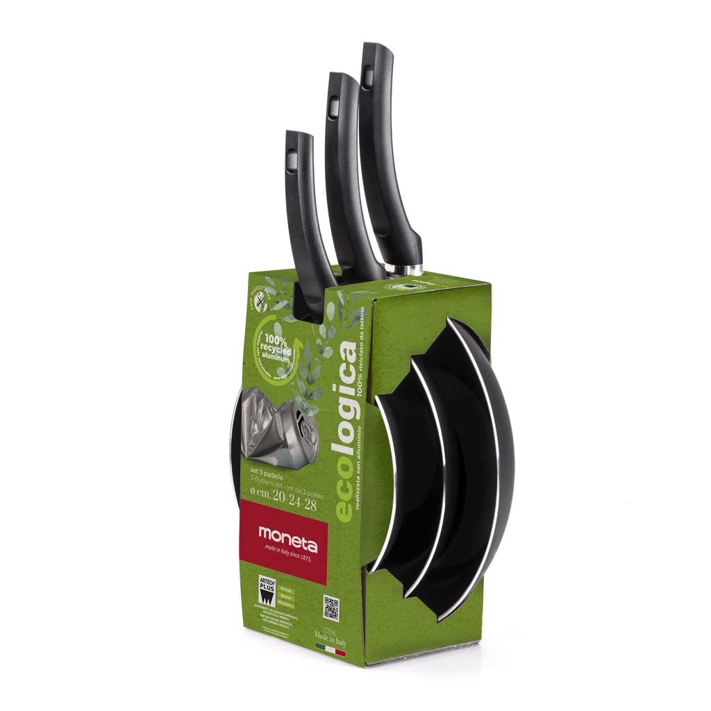 Moneta Ecologica set padelle 20+24+28 cm, per ogni piano cottura esclusa induzione. Alluminio riciclato da lattine. Made in Italy