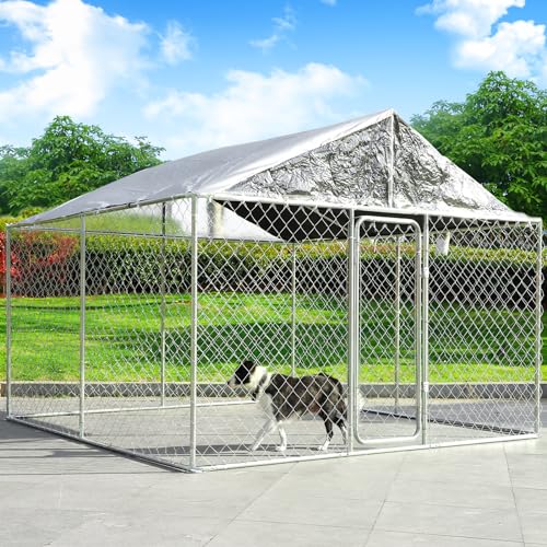 Grepatio 10x10FT Outdoor Dog Kennel with Roof Large Outside Dog Kennel Cage Heavy Duty Dog Playpen Pen Run with Secure Lock Dog House with Waterproof Cover for Large Dog