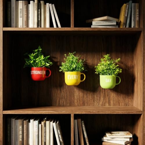 Image of Dekorly Colorful Wall-Mounted Mug Planters with Faux Greenery(20 CM)- Wall Decorative Pots for Vibrant Home & Office Decor| (3, Stronger Every Day)