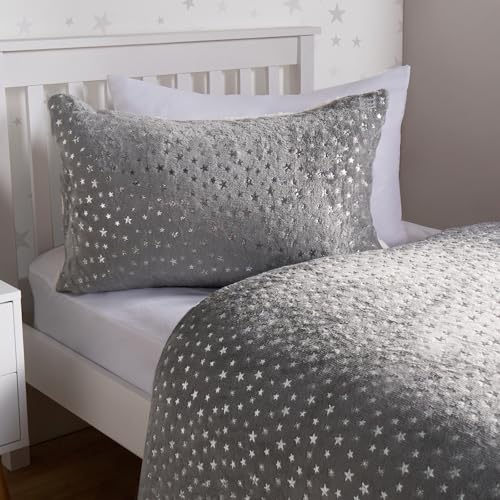 OHS Single Metallic Stars Fleece Bedding Set, Ultrasoft Fabric, Warm & Cozy, Stylish Grey with Metallic Star Design, Duvet Set & 1 Pillowcase, Grey-Single Size