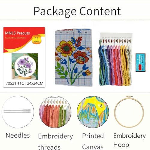 Image of Zhenqing Purple Floral Bouquet Cross Stitch Kit for Beginners - 11CT 24x24cm Pre-Printed Pattern with Embroidery Hoop, Threads & Tools(70523)