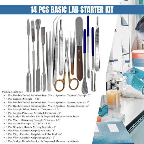 Multifunction Scientific Lab Tools Basic Starter Biology Chemistry Set includes Stainless Steel Micro Sampling Spoon Scoop Spatulas, Forceps, Scissors, Graduated Scalpel Handles - 14Pcs