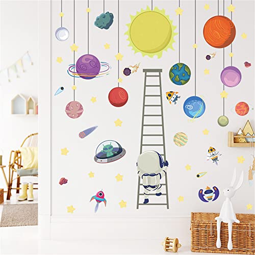 Rofarso Astronaut Climbing Ladder Wall Stickers Cartoon Planet Space Star Diy Vinyl Removable Large Wall Decals Art Decorations Decor For Kids Boys Bedroom Living Room Playing Room Murals #TOP1