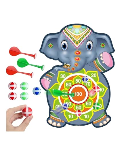 Image of Amazon Brand - Jam & Honey Dart Game for Kids Cartoon Target Game Toy Sets Dart Board with 5 Velcro Balls and 1 Hanger -Children's Indoor Outdoor Sport Game Toys Gifts (Elephant (5 Balls and 3 Darts))