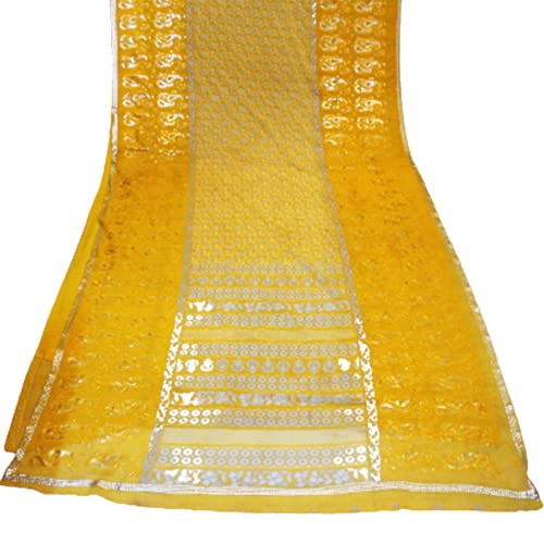 Yellow Dress Indian Sari Vintage Craft Fabric Embroidered Used Saree Bridal Sari Curtain Drape 5YD Dressmaking Crafted Material