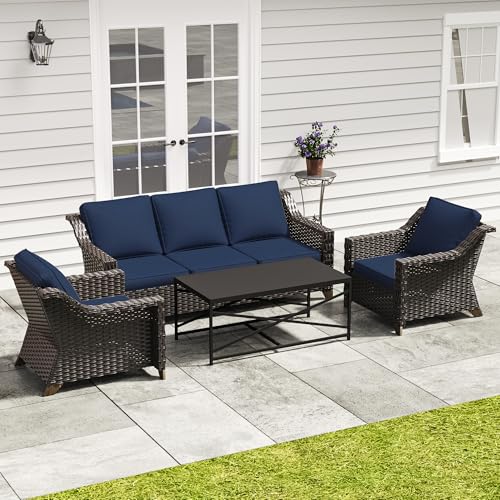 Image of 4 Pieces Outdoor Conversation Furniture Set - 77 inch Patio Sofa, 2 Wicker Armchairs, 1 Metal Coffee Table, Patio Wicker Furniture Set with Water-Resistant Cushions for Sunroom (Navy Blue) | Patio Chair Set with Olefin Removable Cushion, All-Weather Outdoor Couch with Deep Seat for Porch, Deck and Backyard, Blue