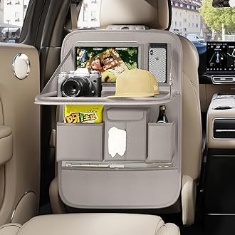 GMQ Back Seat Car Organizer 1 Pack,Backseat Organizer with Tray,Multifunctional Car Seat Back Storage Box with Foldable Tablet Holder (Grey, Plain weave)