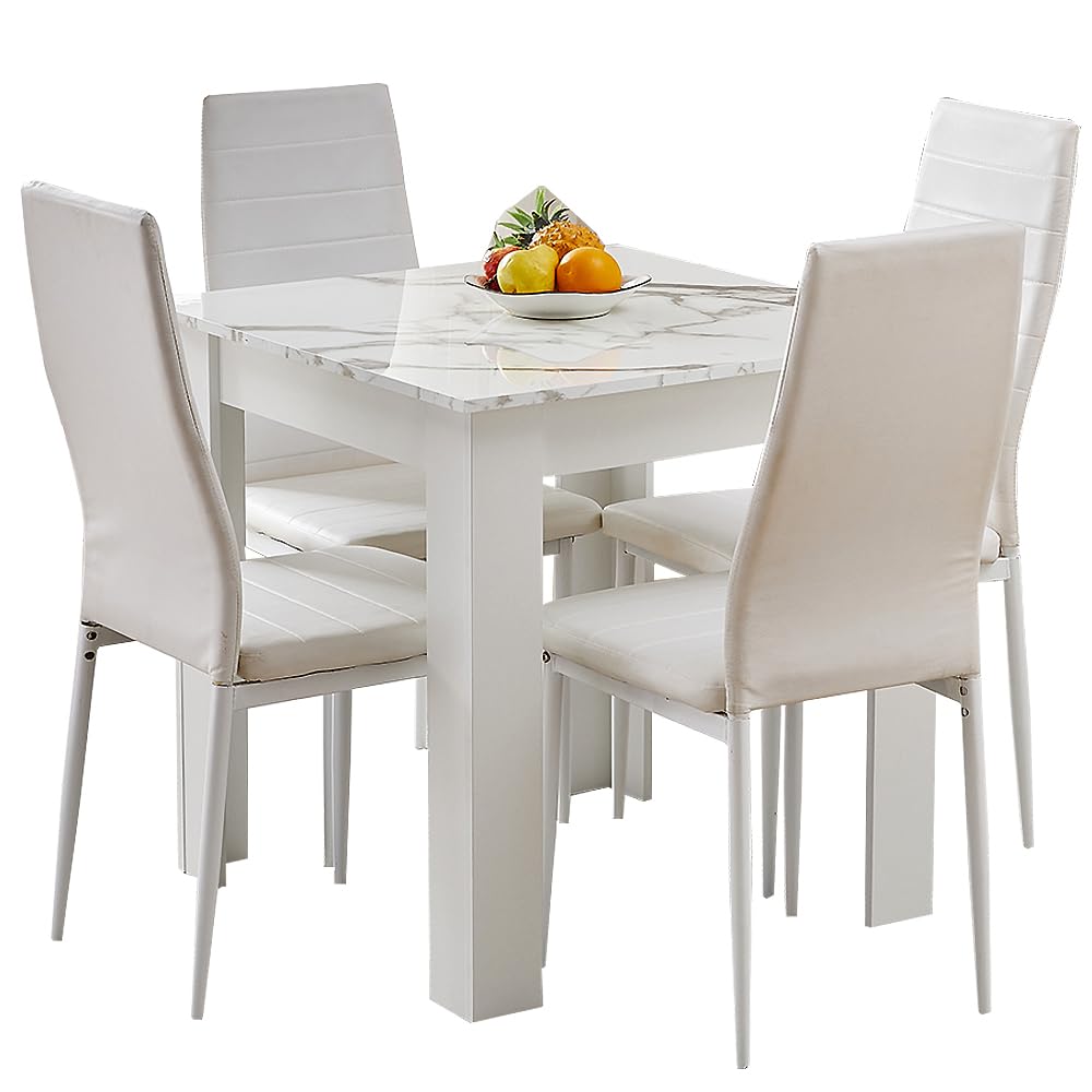 Rainbow Tree Modern 5 Piece Dining Room Table and Chairs Set, Wooden Square Table with 4 Chairs for Small Space Apartment Space Saving (White Marble Table+4 White PU Chair) — image 1