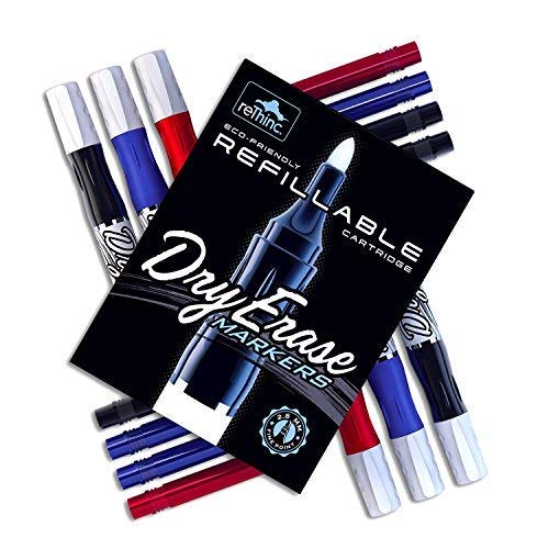 Dry Erase Markers - 15 Piece Set Contains Refillable White Board Markers and Premium No-Fade Ink Refill Cartridges. Assorted Red, Blue, and Black