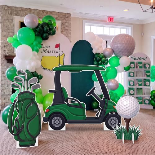 Image of 3 Pcs Golf Birthday Decor Cart Ball Bag Cardboard Cutouts | Sturdy Bases, Retirement Shower Photo Props, Golf Bag Ball Cutouts, Sports Party Background, Themed Standees for Celebrations