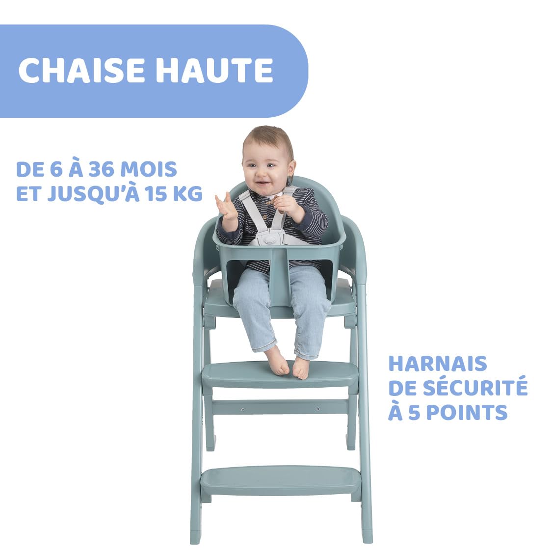 Chicco Crescendo Lite, Trona Evolutiva Bebé con 3 Configuraciones: Trona Bebés, Silla Elevadora para Niños y Taburete para adultos, De 6 meses hasta 110 kg, Cierre compacto Plegable, Verde agua