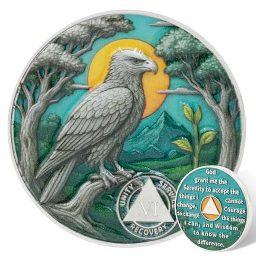 Leafence Eagle AA Sobriety Coin Alcoholics Anonymous Recovery Coin Serenity Prayer AA Chips and Medallions Sober Token Sobriety Recovery Coins Gifts (Soaring Eagle Sobriety Coin, 6 Years)
