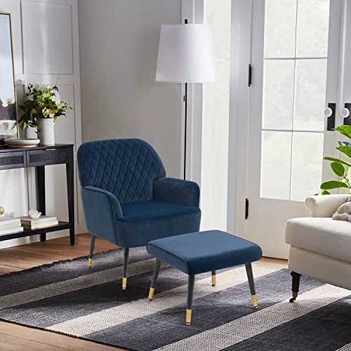 Dragon Gate Modern Blue Accent Chair With Ottoman, Living Room Club Chair Velvet Upholstered Armchair With Metal Golden Legs, Reading Chair For Bedroom, Set Of 1 #TOP1