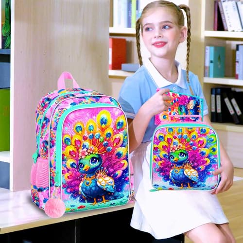 Image of 3Pcs Backpack for Girls, 16 inch Kids Bookbag with Lunch Box,Peacock School Backpacks for Elementary Preschool Kindergarten (Pink)