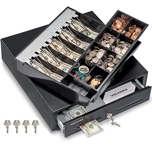 Cash Register Drawer For Point Of Sale (Pos) System With Fully Removable 2 Tier Cash Tray, 5 Bill/8 Coin, 24V, Rj11/Rj12 Key-Lock, Double Media Slot, Black #TOP9
