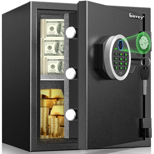 Kavey Biometric Fireproof & Waterproof Safe Box with Backlit Keypad, Dual Alarm System, Mute Function, Fingerprint Money Safe for Home Valuables