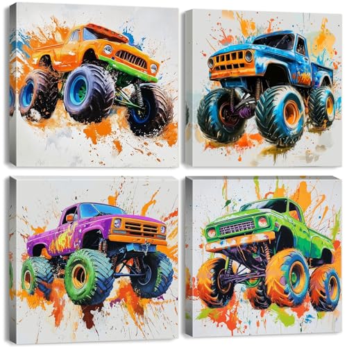 Colorful Monster Truck Wall Art Kids Bedroom Decor Hot Wheels