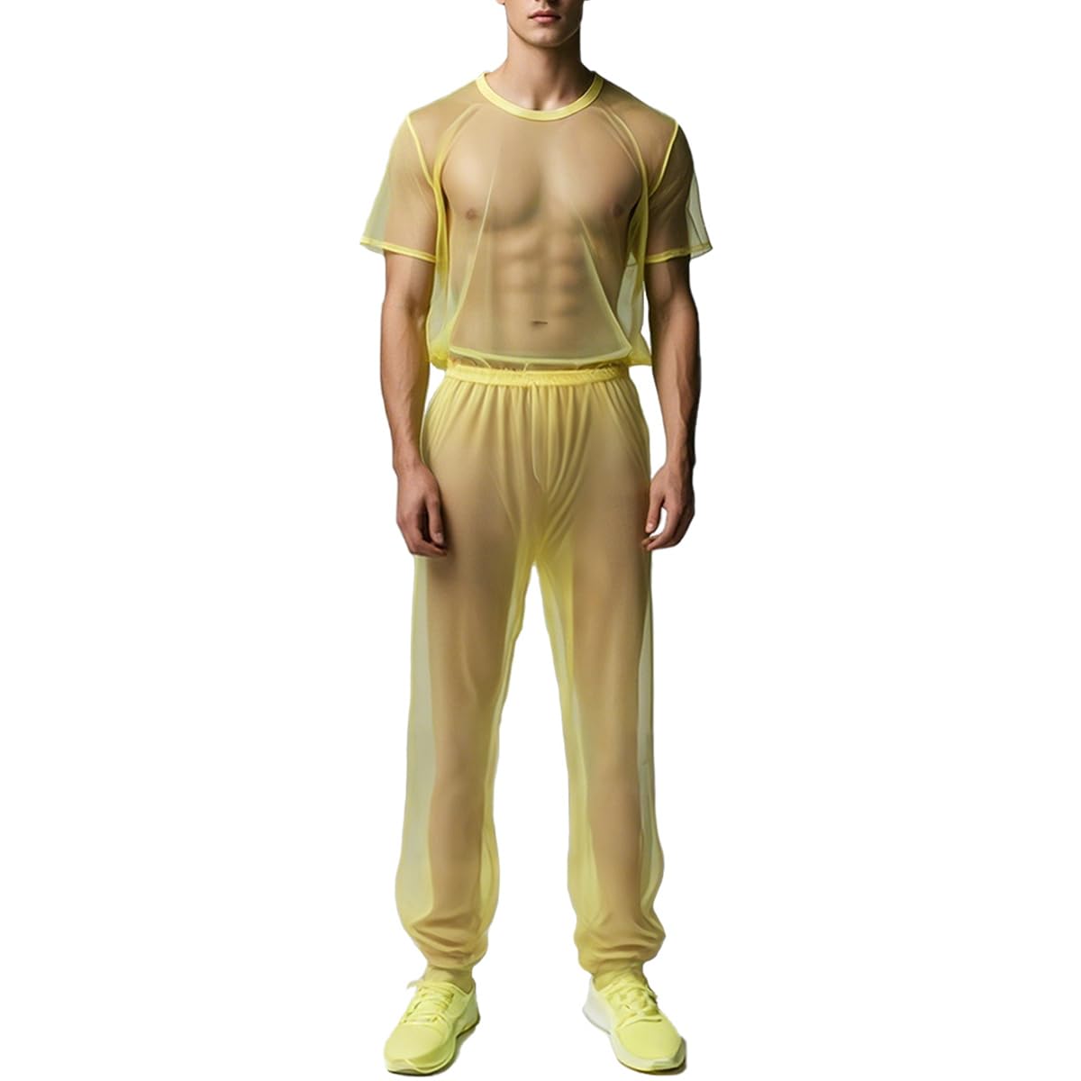 ZAIGELUO Herren Transparent Pajamas Sets Männer Durchsichtiges Sexy Mesh Lässig T Shirt Lounge Hosen Nachtwäsche