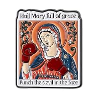 Hilarious Religious Reimagining: This Pin Badge features a bold and creative take on traditional iconography, depicting the Blessed Mother in a classic prayerful shawl but equipped with vibrant red boxing gloves—a striking visual pun on spiritual war...
