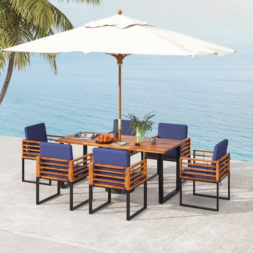 image for Tangkula 7 Piece Patio Dining Set, Acacia Wood Dining Chair & Table Se
