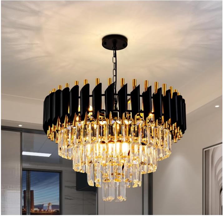Image of Murphy Black Mamba Modern Crystal Pendant Light | Black & Gold Fixture | 20 inch Round (500mm) | Stainless Steel Tube Crystal with Golden Finish | Exquisite Design for Home & Office | Pack of 1