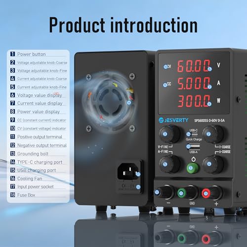 Image of DC Power Supply Variable, 0-60V 0-5A Adjustable Switching DC Regulated Bench Power Supply with 20W USB & Type-C Quick-Charge, Encoder Knob, Reverse Polarity Protection - SPS-6005S