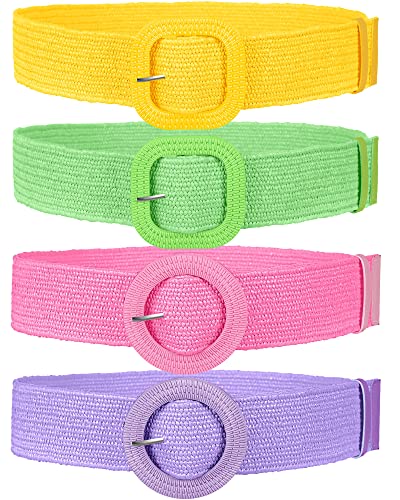 Image of WILLBOND 4 Pcs Women's Elastic Raffia Woven Belt, Boho Rattan Buckle Stretch Straw Wide Waist Belt for Dresses Jeans Pants