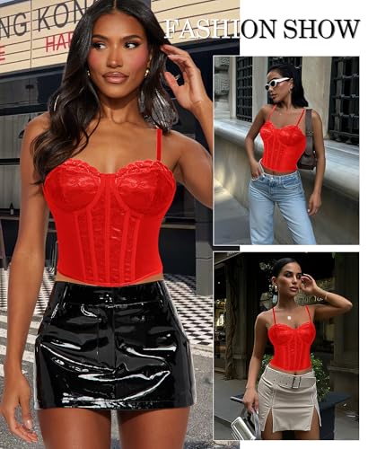 Image of Lace Corset Tops for Women Sexy Going Out Bustier Top Sleeveless Adjustable Straps Crop Tops with Back Hooks