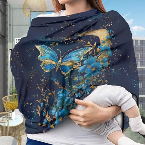 Image of Blue Butterfly Car Seat Canopy for Baby Girls,Floral Pattern Nursing Cover Elastic Breastfeeding Cover Soft Car Infant Seat Cover