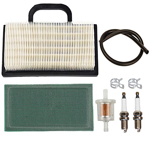 Carkio Air Filter Pre-Filter Fuel Filter Fuel Line Spark Plug Kit for John Deere D140 D130 L120 Z425 X130R X140 X165 L118 LA135 MIU11286 GY20575 Briggs & Stratton 499486 499486S Lawn Mower
