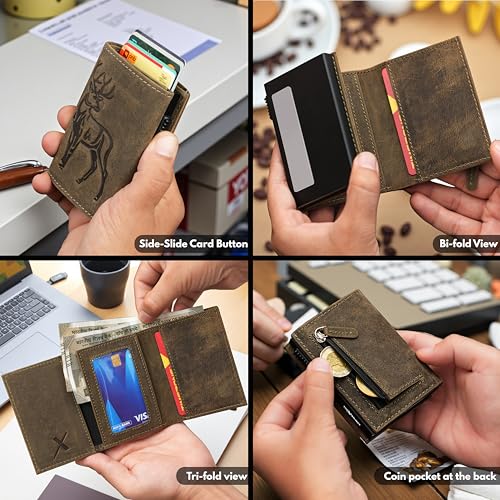 Image of The X Project Staggo Trifold Wallet | Genuine Leather | Aluminium Cardholder | Side Slide Pop-Up Card Ejector | Carry Up to 6 Cards and 1 Slot for Carrying Cash & Folded Bills (Greenish Brown)