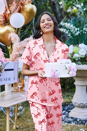 Image of Ekouaer 2 Piece Satin Short Sleeve Pajamas Set Button Down Sleepwear | Soft Pjs Set Classic Loungewear for Wedding, Party, Home, Daily Wear, Date Nights