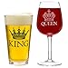 King Beer & Queen Wine Glass Set | Beautiful Gift for Newlyweds, Engagements, Anniversaries, Weddings, Parents, Couples, Christmas - Novelty Drinking Glassware (King Beer & Queen Wine Glass Set)