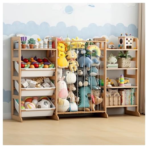 Pipleo 3-in-1 Toy Storage Organizer with Stuffed Animal Storage, 5 Solid Pine Kids Bookshelf and Toy Shelf, 3 Removable Bins, Anti-Dumping Design, Stuffed Animal Zoo for Kids Room, Playroom, Nursery
