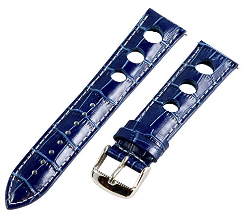 Clockwork Synergy, LLC 18mm Rally 3-hole Croco Navy Blue/White Leather Interchangeable Replacement Watch Band Strap
